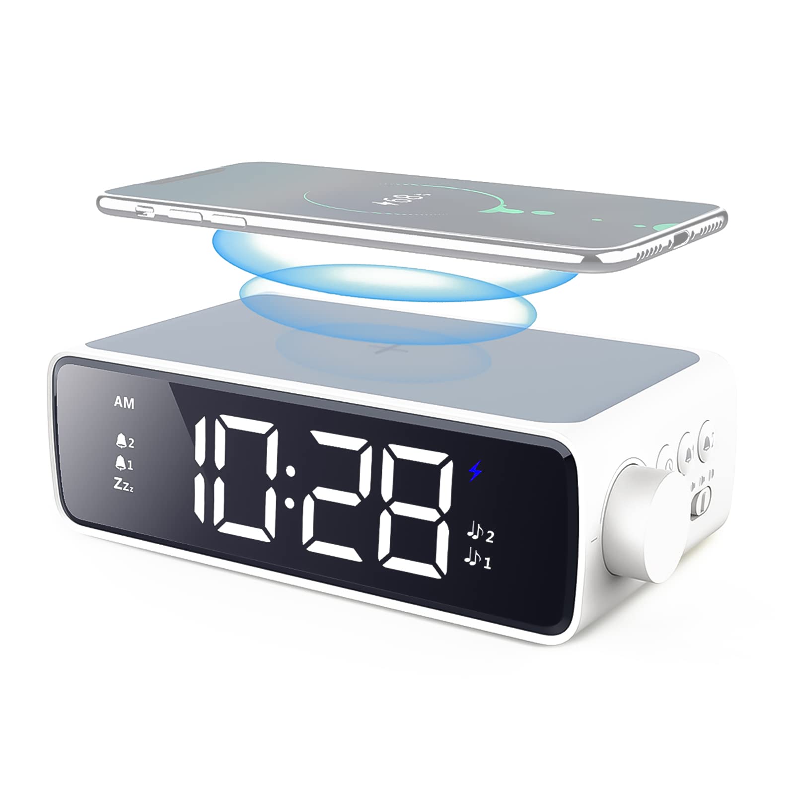 Sveglia Digitale con Ricarica Wireless, Funzione Snooze Luminosità Regolabile per Ufficio, Viaggi, Camera da Letto, Bambini, Adolescenti, Adulti, Regali