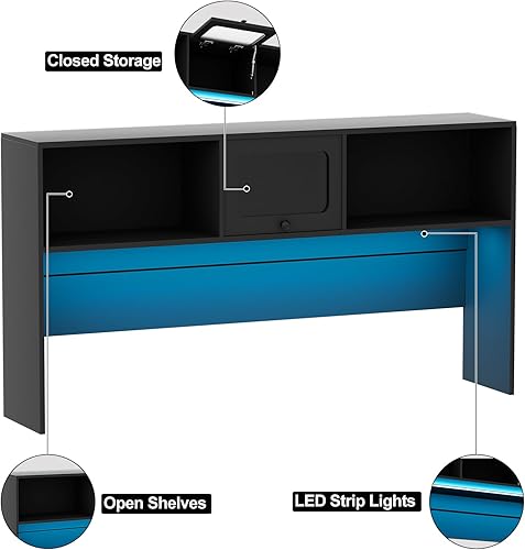Miniatura 5 de Unikito Escritorio de oficina en forma de L con cajones y gabinete, escritorio grande para computadora con toma de corriente y tira LED, escritorio