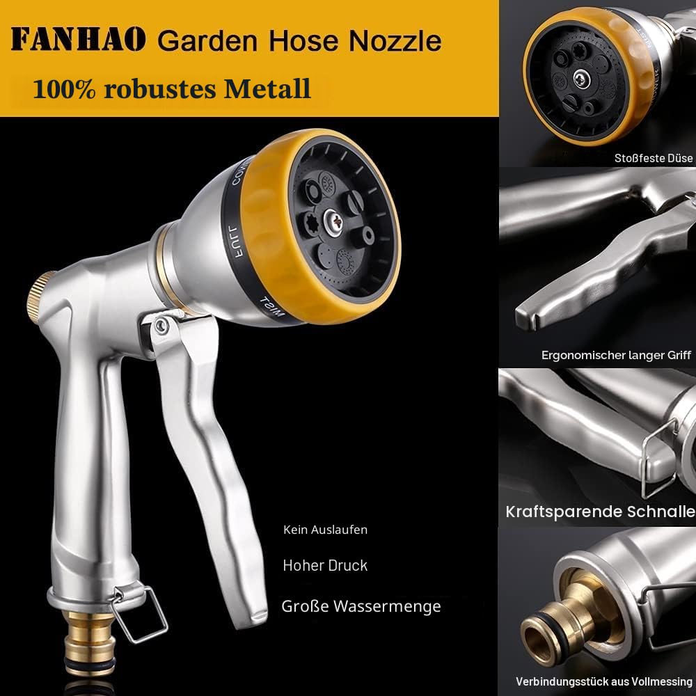 FANHAO Garten Handbrause 100% Metall Gartenbrause für Gartenschlauch, 7 Sprühmuster, Abzugshebel verriegelbar, rostfrei beständig gegen Korrosion, Schnellkupplungssystem Silber