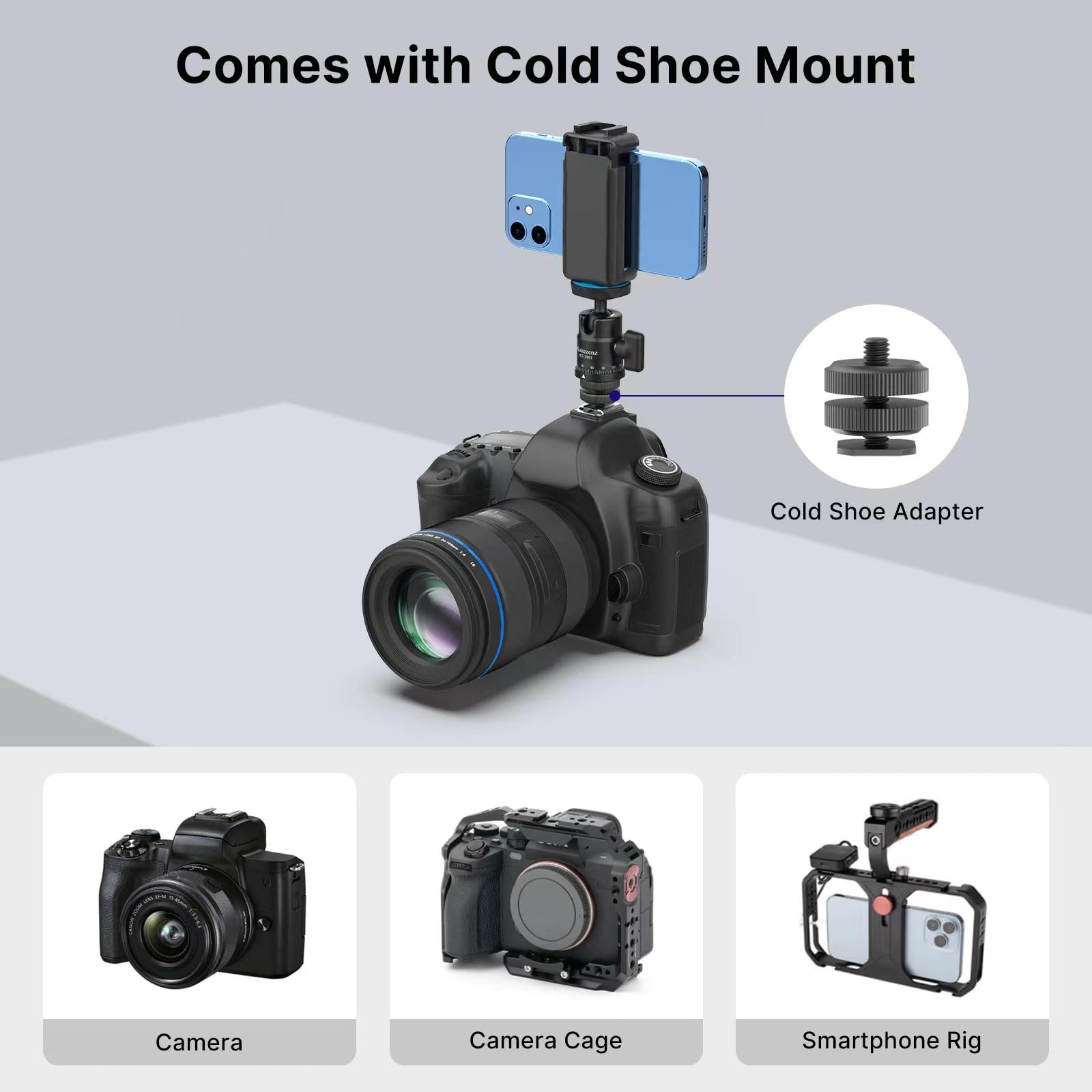Kaitezenz Mini Ball Head, Panoramic Camera Tripod Head with 1/4" Screw and Dual Hot Shoe Mount, 360 Rotatable Metal Adapter for DSLR Camera Tripods Monopods Camcorder Light Microphone, Max Load 5.5lbs