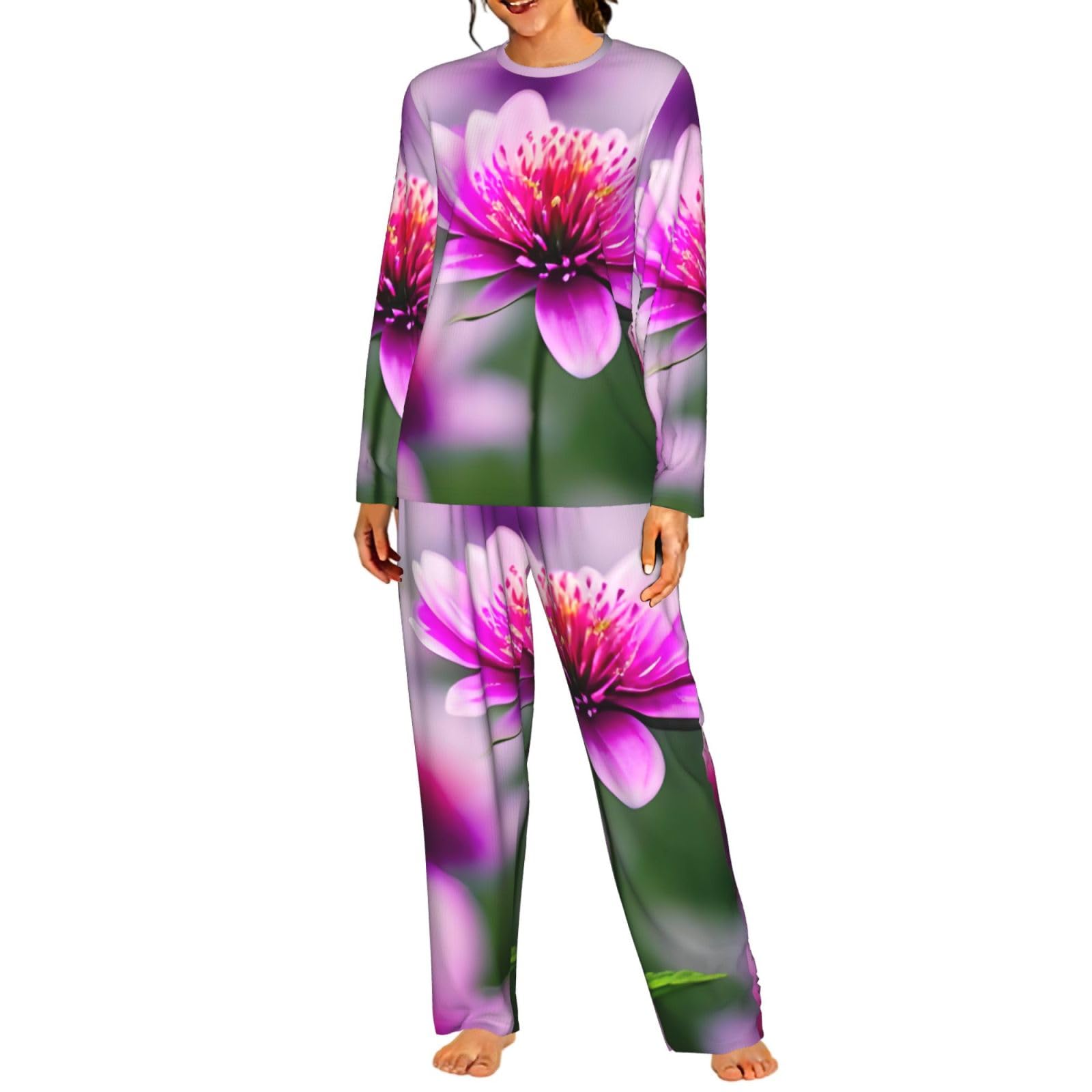 Rosa Fiore Viola Farfalla 1 Stampa Donne Manica Lunga Pigiama Corrispondente Morbido Spiaggia Vacanze Nightwear Regalo Casual