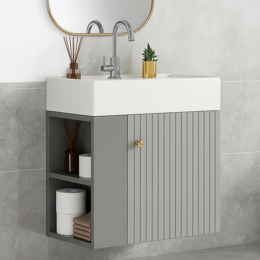 Merax Mobile bagno sospeso 50 cm con lavandino in resina – salvaspazio e compatto per bagno, lavanderia o toilette ospiti │ Design moderno a righe verticali (bianco e grigio)