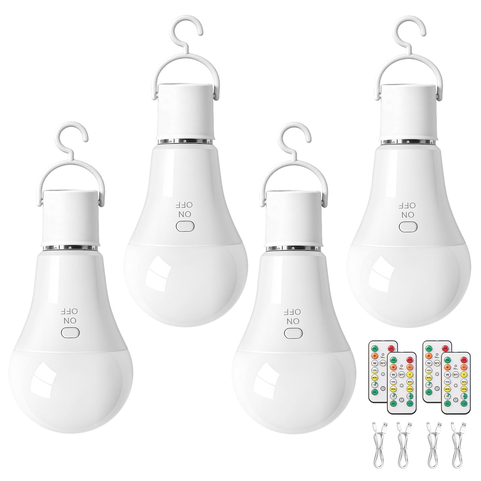 TaoFiaCo 7 W E27 Bombilla Recargable USB con Mando, 3 Color, 4 Piezas | Bombilla Inalámbrica, Regulable, Carga USB-C, Inalámbrica, , Función de Temporizador, Luz de Emergencia Control de Botones