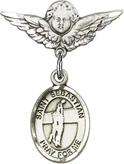 Sterling Silver Baby Badge with St. Sebastian/Volleyball Charm and Angel w/Wings Badge Pin 7/8 X 3/4 inches