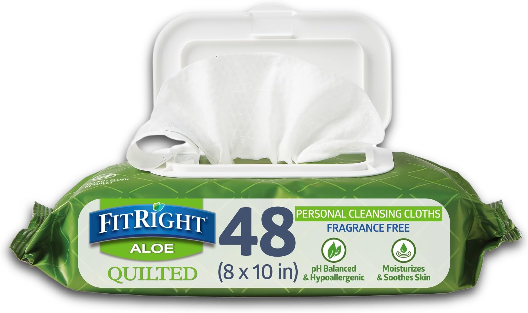 FitRight Aloe Fragrance-Free Quilted Wet Wipes, Soft Pack with Flip Top, 8 x 12 Inches, Pack of 48 Wipes