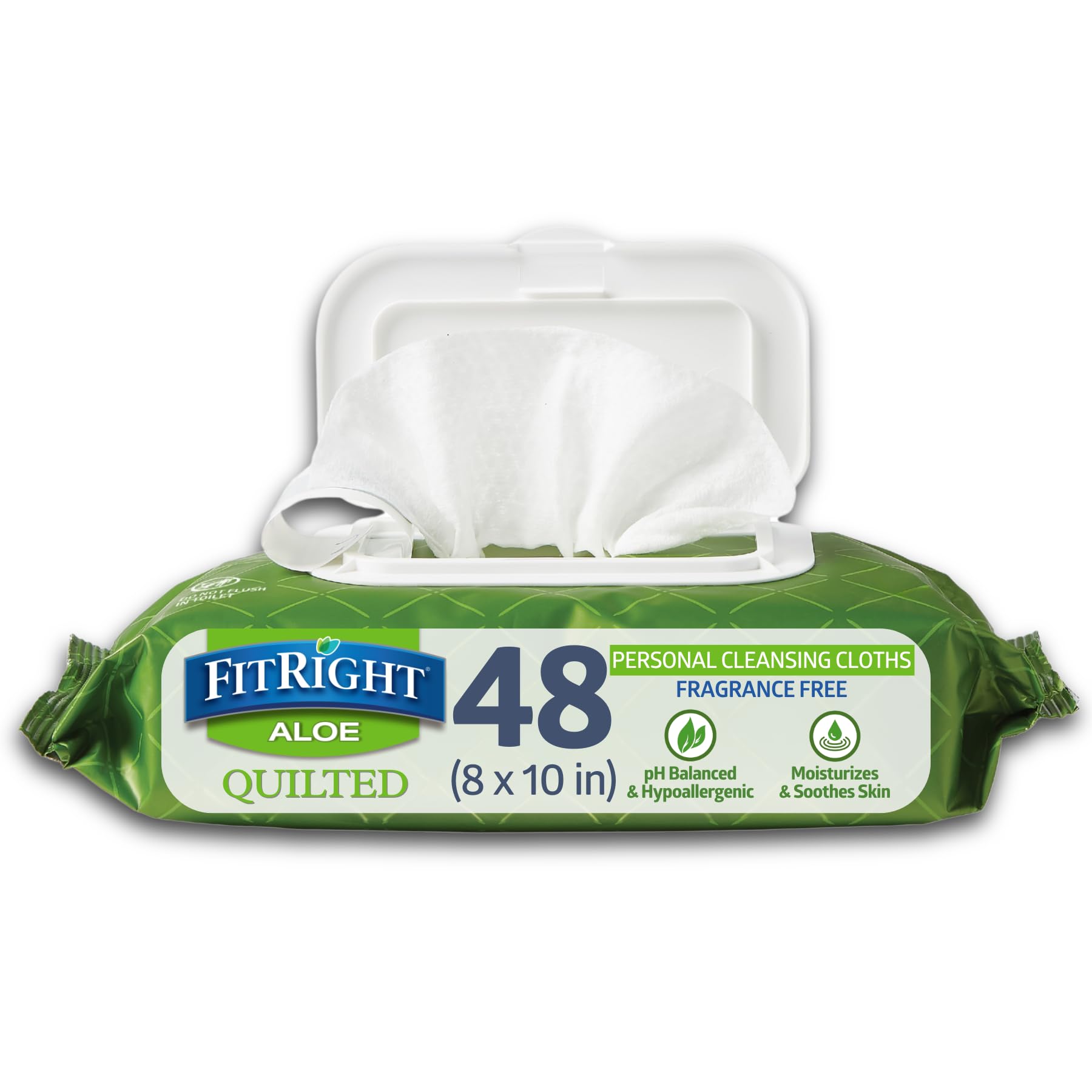 Medline FitRight Aloe Quilted Heavyweight Personal Cleansing Cloth Wipes, Unscented, Pack of 48, 8 x 12 inch Adult Large Incontinence Wipes