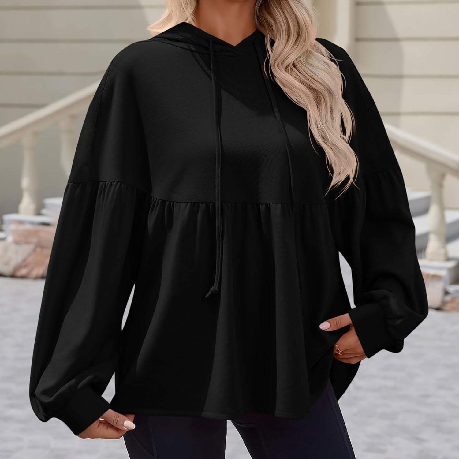 Babydoll Sweatshirts for Women Long Lantern Sleeve Drawstring Peplum Hem Loose Oversized Hoodie Pullover Tops - Image 7