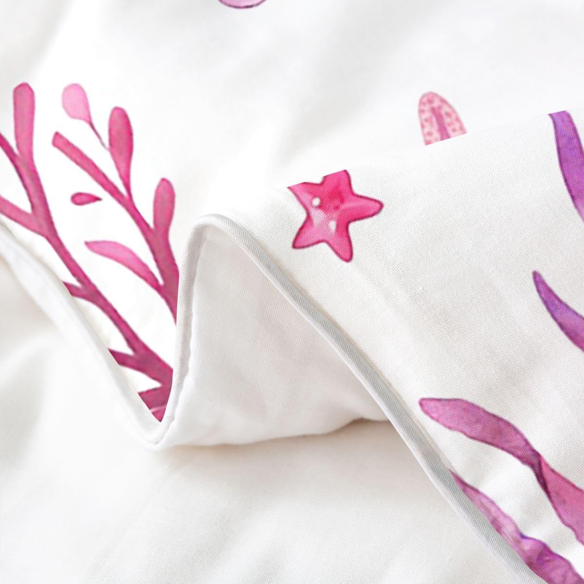Erosebridal Cute Coastal Sea Turtle 100% Cotton Queen Comforter Cover Kids Nautical Seashell Starfish Duvet Cover for Teen Adults Pretty Seaweed Beachy Bedding Set Pink Watercolor Sealife Bed Set