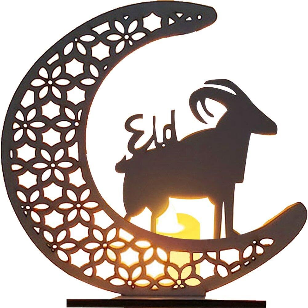 Abbdbd Ramadan Eid Mubarak Wooden Moon Sheep Led Light Decoration DIY Handicrafts Ornament for Home Office Decor
