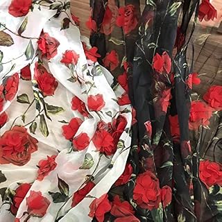 IRIZ 55'" Chiffon Flowers Print Fabric, Lace Fabric with 3D Chiffon Red Rosette Appliques,Bridal Dress Fabric Accessories，Curtain Fabrics, by The Yard (White)
