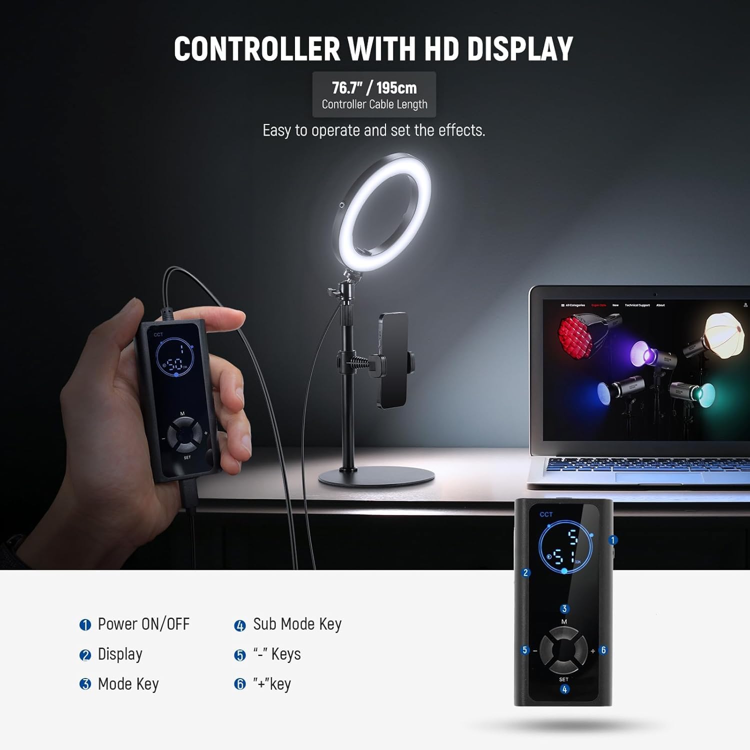 NEEWER Pierścień biurkowy 8" 18 W do telefonu, dwukolorowy 2900-7000K 1380lux/0,5 m CRI95+/TLCI97+ oświetlenie do selfie 12 efektów USB C/nóżka/uchwyt na telefon/pilot, zoom/Youtube/TikTok Vlog, RH8B