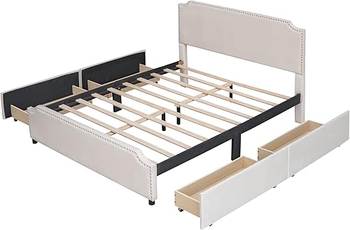 Miniatura 6 de Cama de plataforma tapizada moderna con 4 cajones plataforma de terciopelo de madera maciza con cabecera y estribo cama de plataforma tamaño Queen