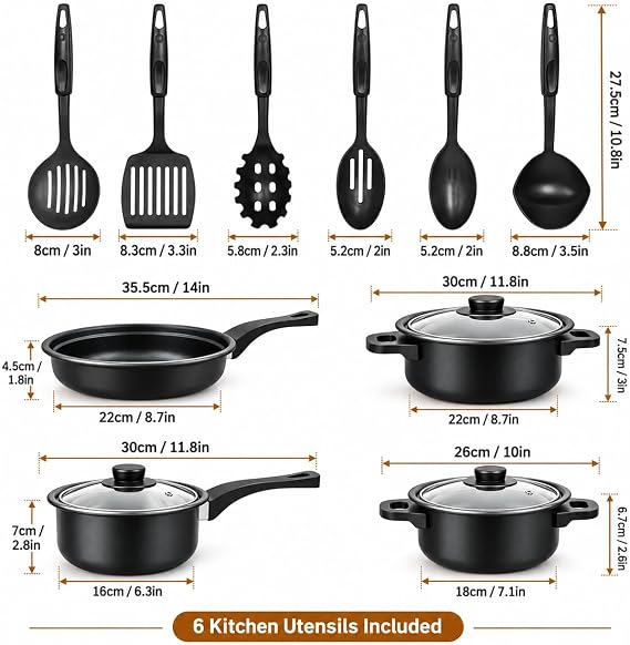 13 PCS Non Stick Cookware Set Stainless Steel Saucepan Pots & Pans with Glass Lids & Kitchen Utensils, Durable Easy Clean Cooking Set for Gas Electric Induction Hobs