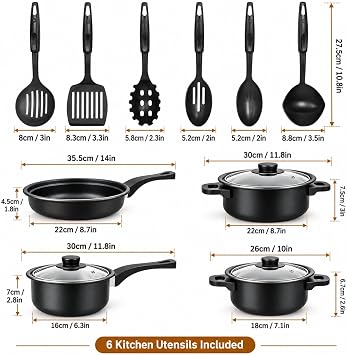 13 PCS Non Stick Cookware Set Stainless Steel Saucepan Pots & Pans with Glass Lids & Kitchen Utensils, Durable Easy Clean Cooking Set for Gas Electric Induction Hobs