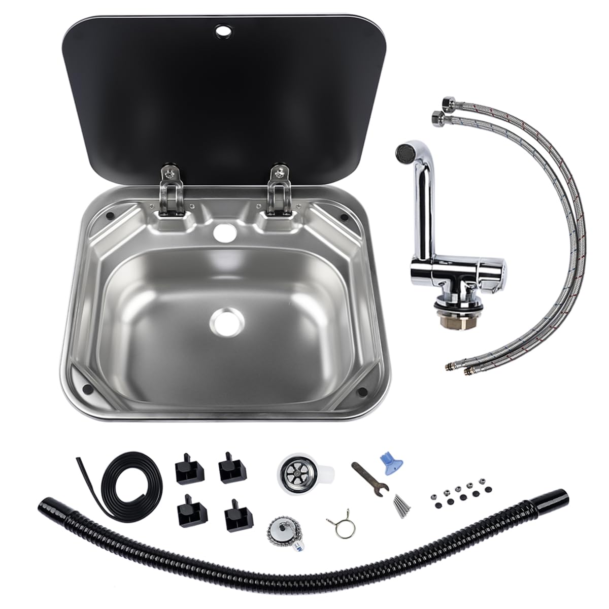 RV Sink Stainless Steel Hand Wash Basin with Folding Lid and Faucet