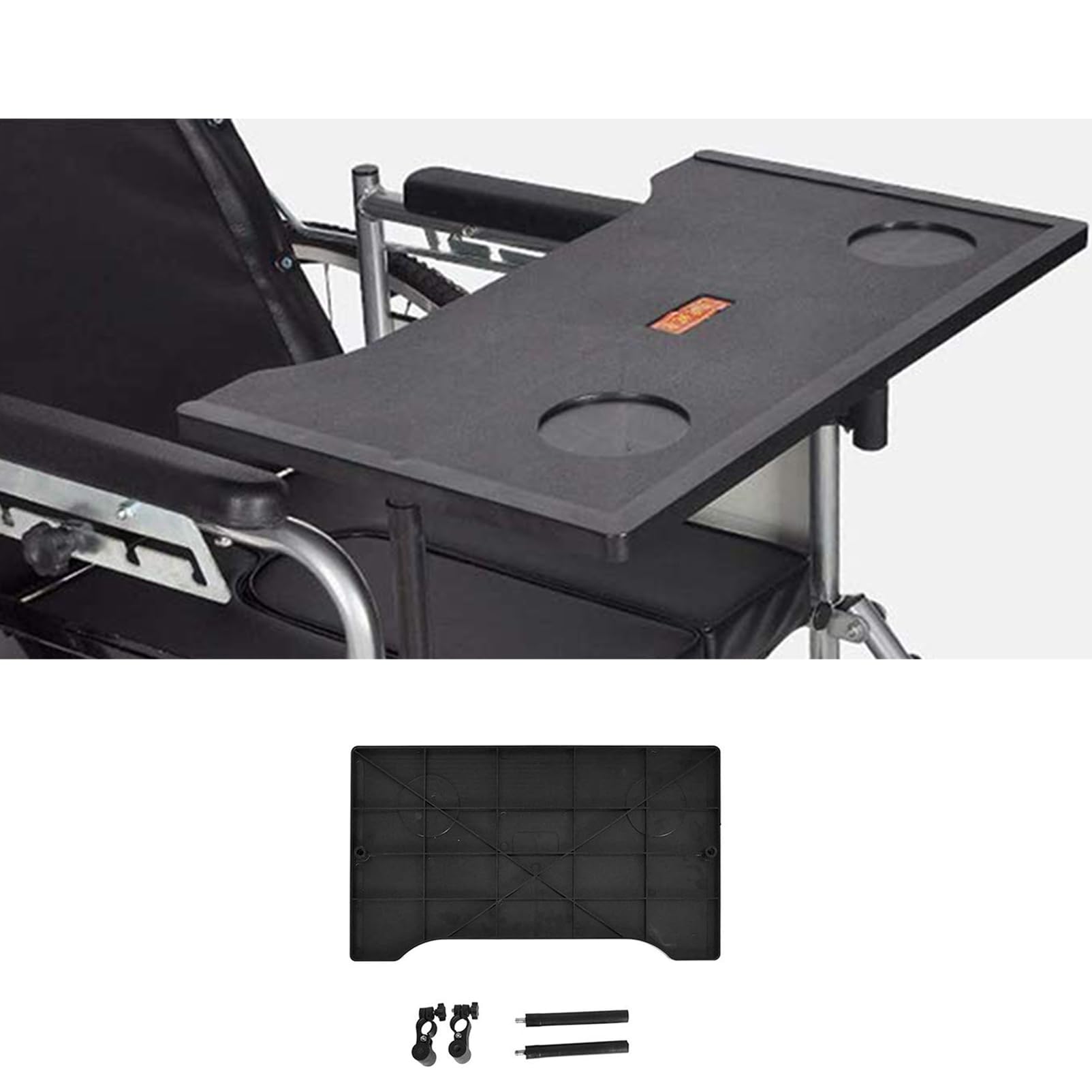 ArinkO Tavolino Universale per Sedia a rotelle Comoda Superficie per Mangiare e Scrivere con portabicchieri (Nero, 52 cm x 30 cm)