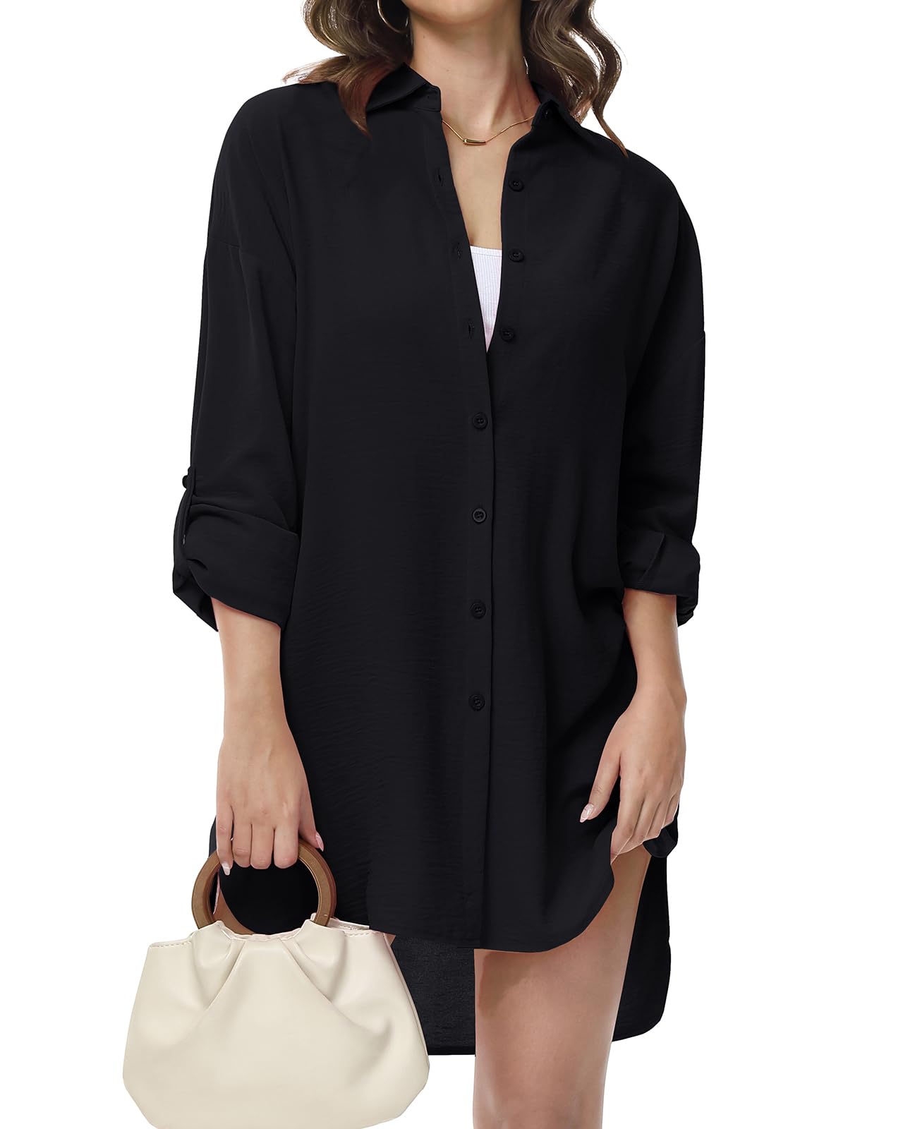 Tanmolo Damen Bluse V-Ausschnitt Hemdbluse Langarm Lässiges Hemd zum Knöpfen Langarmshirt Casual Oberteile Aufrollen Tops