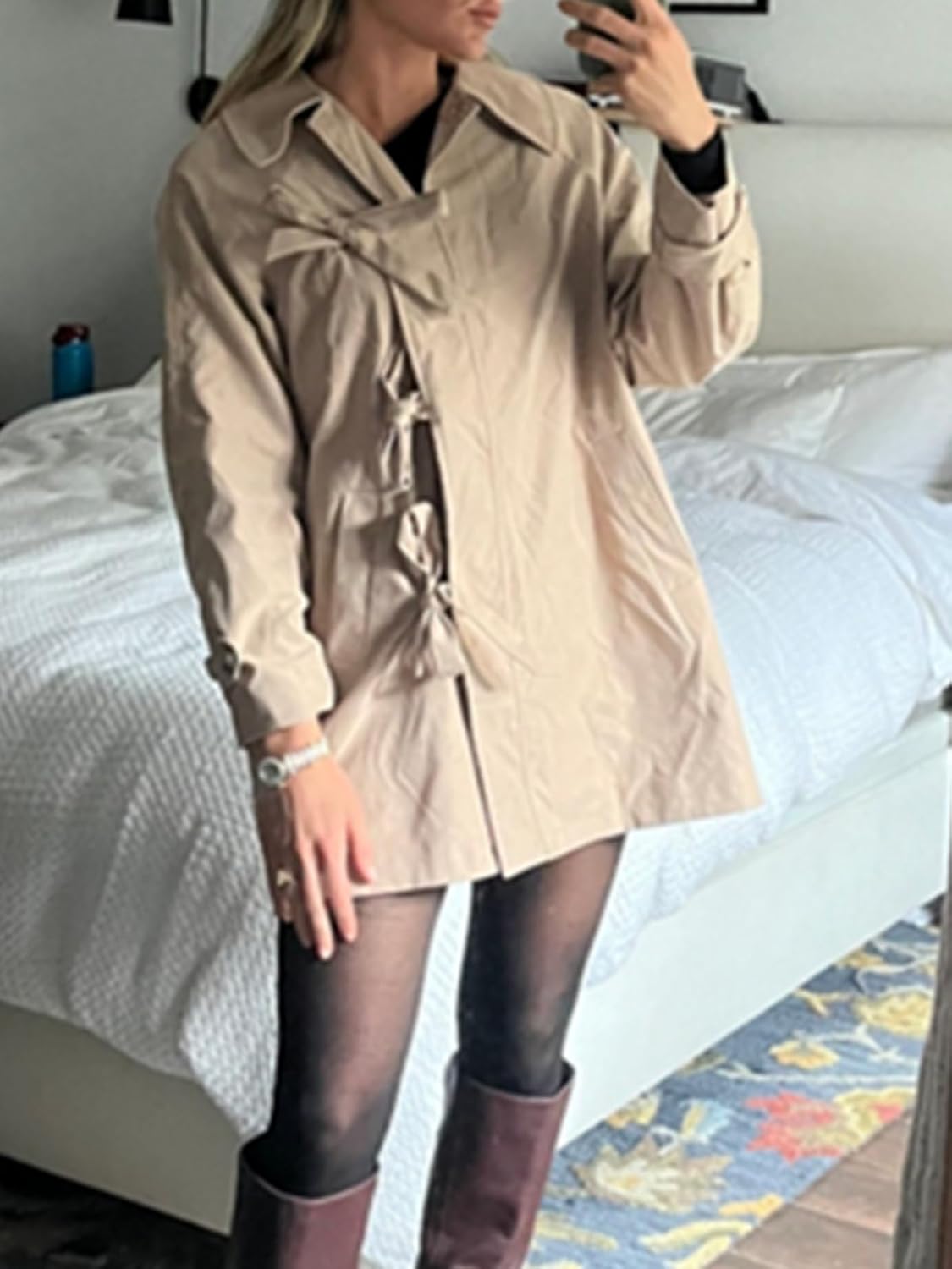 HOULENGS Women's Long Sleeve Bow Toggle Trench Coat Casual Button Down Trench Jacket Fall Fashion Lapel Overcoat with Pocket - Image 7