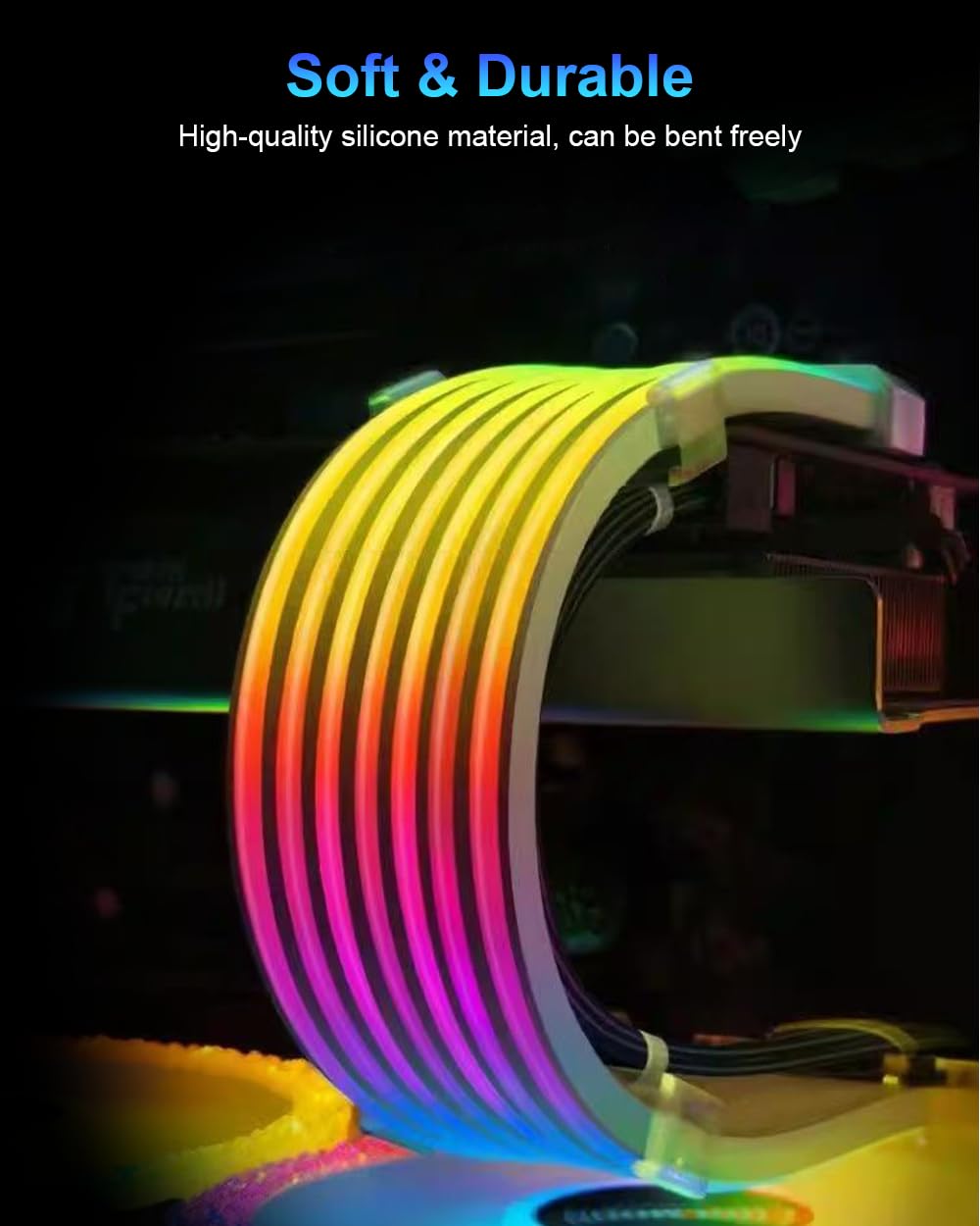 ARGB PSU Cable Cover Kit, Aurora RGB Power Extension Cable Cover Kit for Motherboard and GPU PC Cable, 5V 3-Pin ARGB Motherboard ATX/MATX/ITX, Suitable for 12+4-Pin/8-Pin/24-Pin Aurora-CO-BL