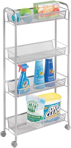 Miniatura 1 de mDesign Carrito organizador de almacenamiento de metal de acero delgado con 4 estantes para lavandería, cocina, organización de baño, soporte
