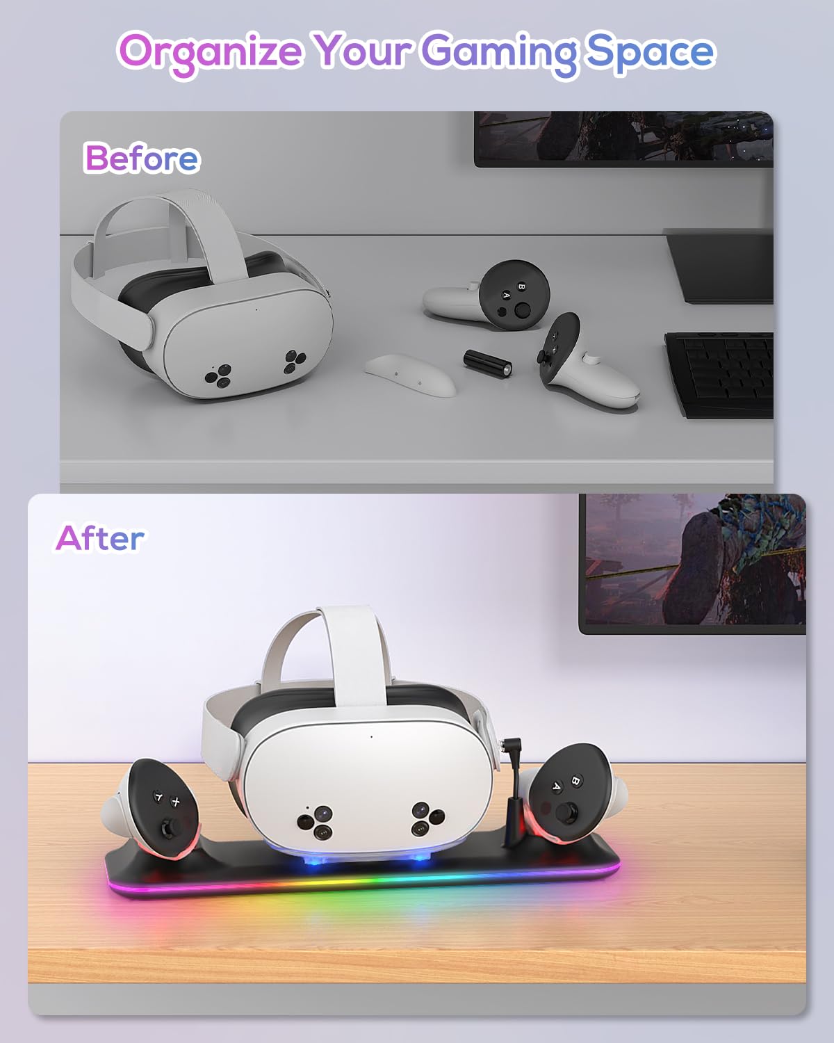 Stazione di ricarica per Meta Quest 3S/3 Kinwin Base di ricarica magnetica per accessori Oculus Quest 3S/3 con luce RGB, supporto di ricarica per auricolare VR e controller con 2 batterie ricaricabili