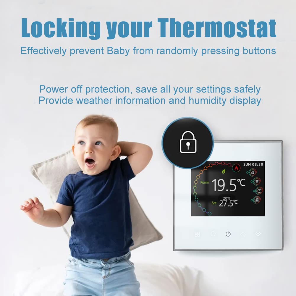 Thermostat Connecté Programmable WiFi Filaire pour Chaudière Gaz/Eau - Compatible Alexa et Google Home, Intelligent d'Ambiance Intérieur avec Écran LCD et Bouton Tactile