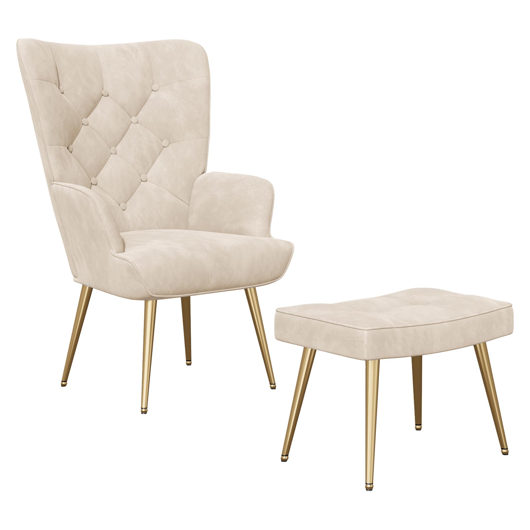 Hawthyhome Eleganter Sessel polsterstuhl Ohnzimmer Sessel Schminktisch Stuhl mit Hocker mit Metall Beinen fürs Wohnzimmer/Schlafzimmer Bis 150 KG belastbar Beige