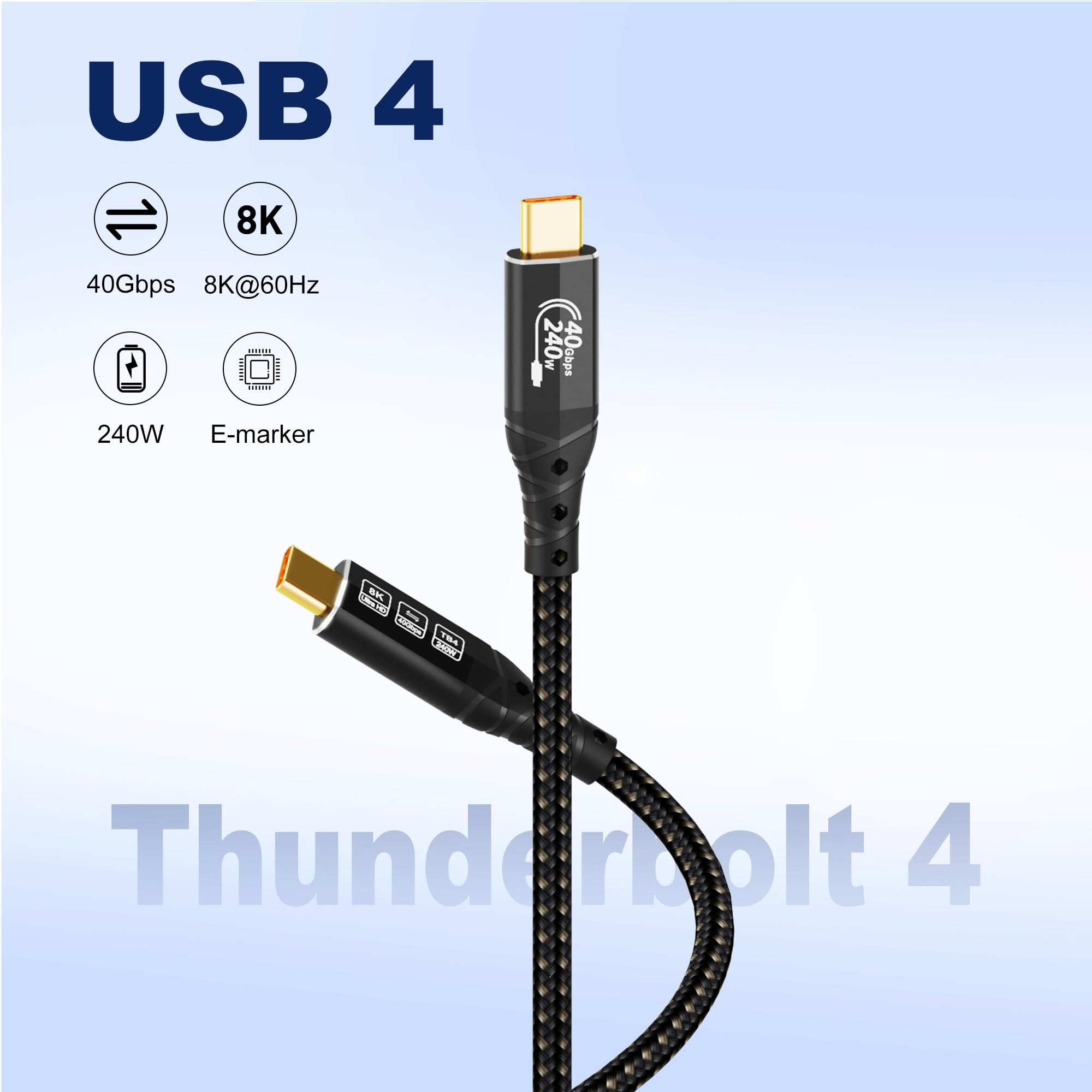 ZIKNYDO Cavo USB 4 per Thunderbolt 4 cavo 0,5 m, cavo dati USB C 40Gbps, video 8K/4K, PD3.1 240W, USBC Thunderbolt per Thunderbolt 5/3, Serie iPhone 16, SSD, MacBook, docking station, eGPU