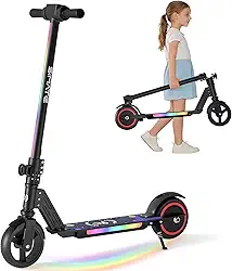 SIMATE Scooter elétrico para crianças, E-Scooters Pro com luz frontal branca e luzes coloridas do corpo, visor de LED e dobrável, potência superior de 130 km por motor de 130 W, presentes para crianças, adolescentes