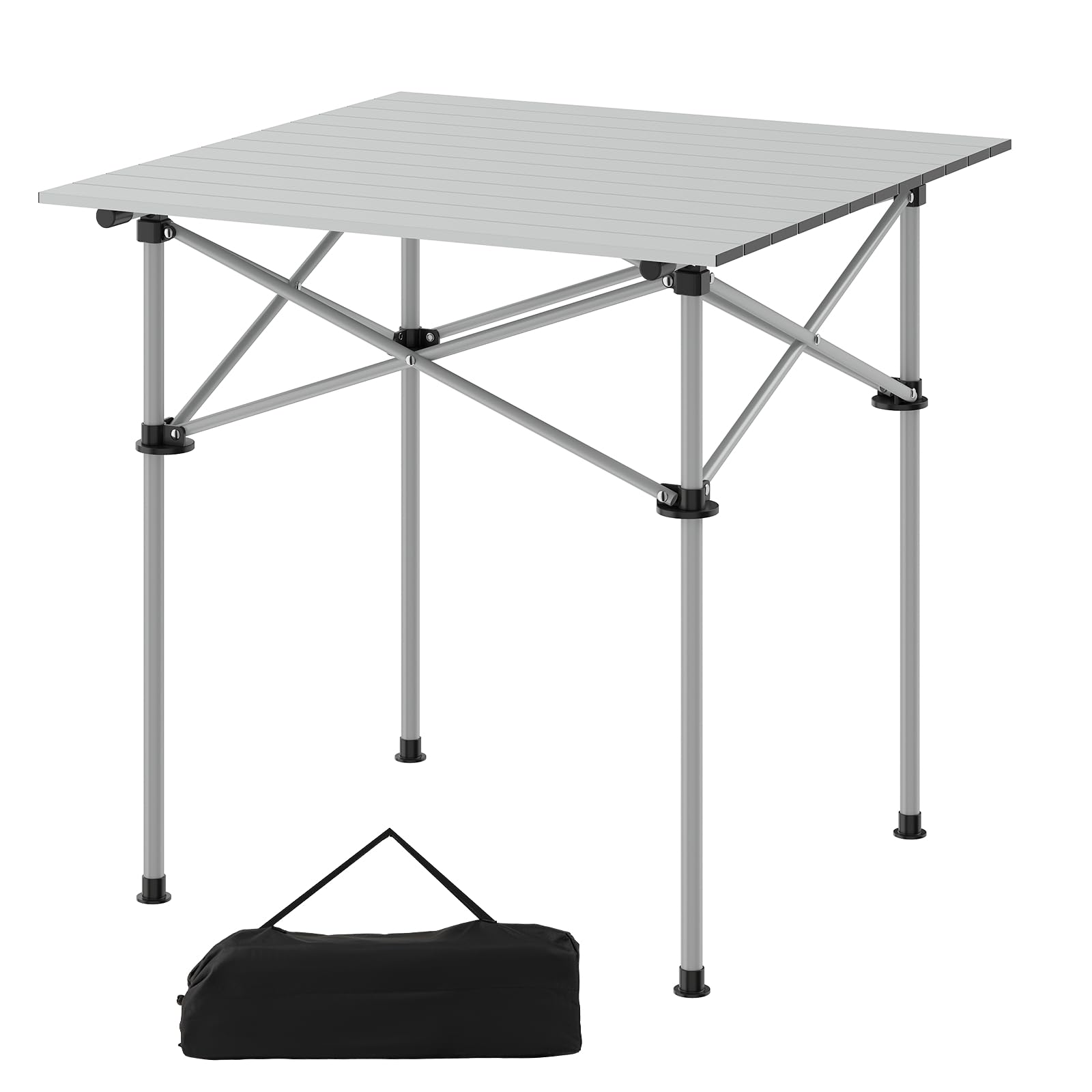 SPOTRAVEL Folding Camping Table, 4-6 Persons Roll Up Top Aluminum Camp Table with Carry Bag, Lightweight Portable Outdoor Picnic Table for BBQ Fishing Hiking (Silver, 71 x 71 x 69cm)