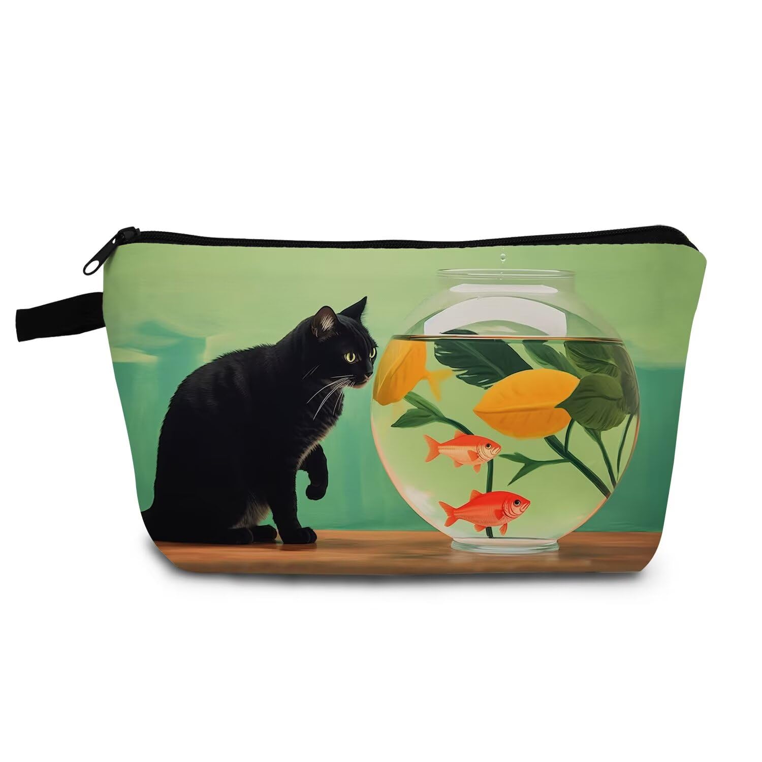 Cat Near Fish Tank Print Small Cosmetic Bag | Cat Near Fish Tank Toiletry Makeup Purse, Cute Organizer Zipper Pouch, Cat Near Fish Tank Birthday Present for Women Friends