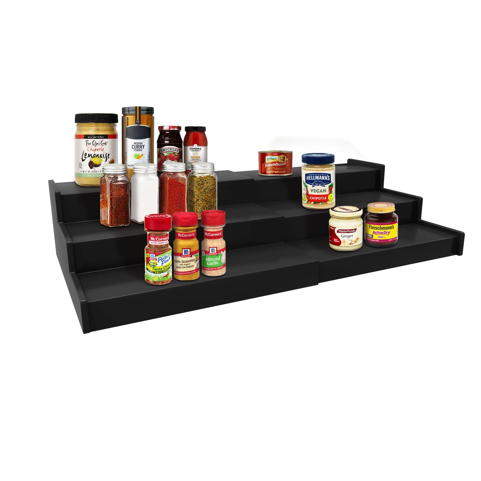 Spice Rack Organizer, 3 Tier Expandable Bamboo Spice Rack Organizer, Great for Kitchen Cabinet, Cupboard, Pantry and More-Black
