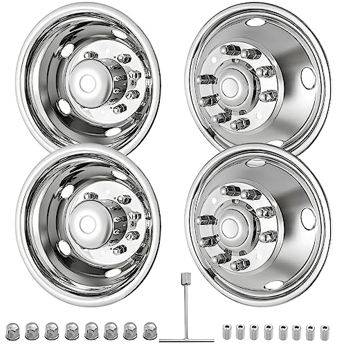 CIRONBOW 19.5 10 Lug 5 Holes Wheel Simulators Stainless Steel Hubcap with Bolt Kit Fit for Ford Raptor 2005-2021 Ford F450/F550 Raptor 2WD Trunk Dually Wheel Cover Set (304 Stainless Steel)