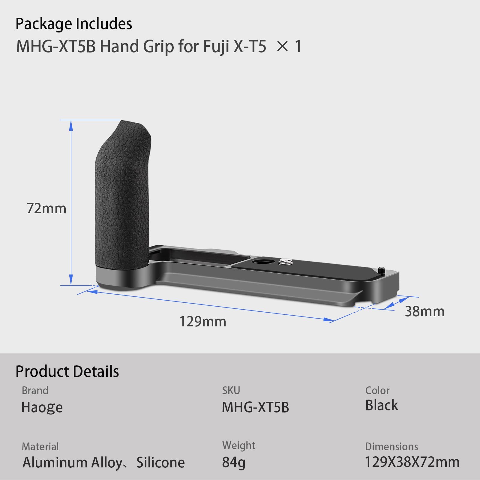 Maniglia Haoge X-T5 per Fuji XT5 con impugnatura laterale ergonomica in silicone, piastra Arca Swiss per DJI RS2/RS-C2/RS3/RS3-PRO/Mini Stabilizzatore Gimbal, Nero MHG-XT5B