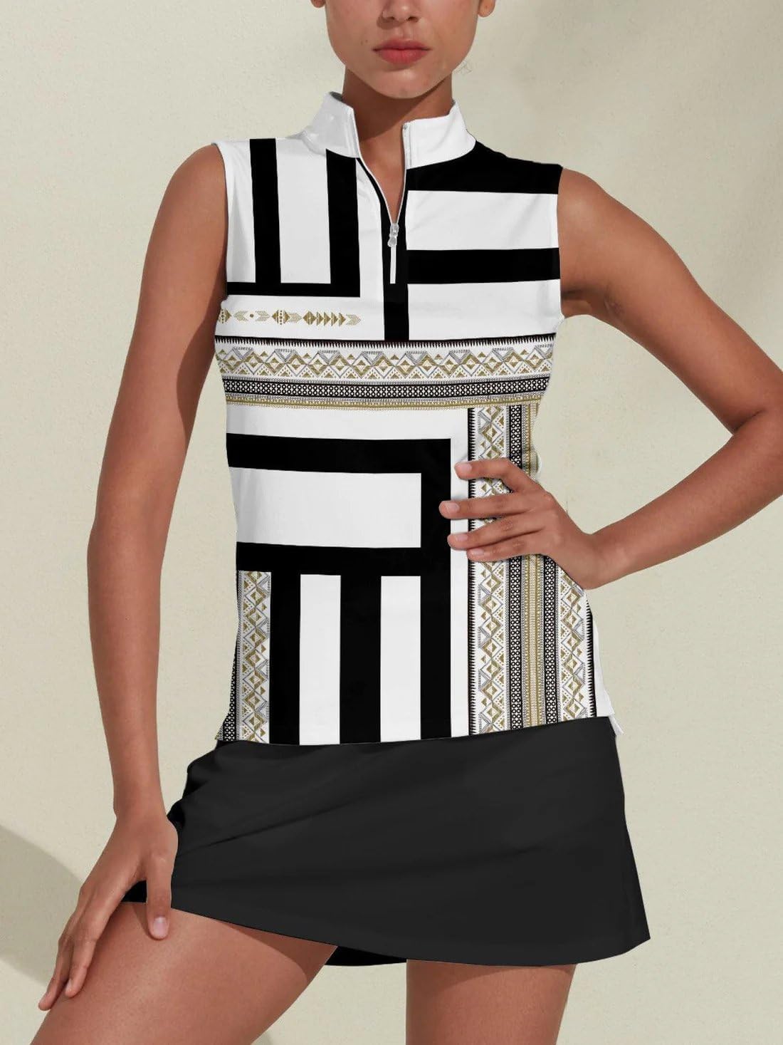 ACEGOLFS Women's Golf Shirts Sleeveless Printed Polo Shirt for Women Quick Dry Quarter Zip Stand Collar Tee Shirt Workout Top - Image 4