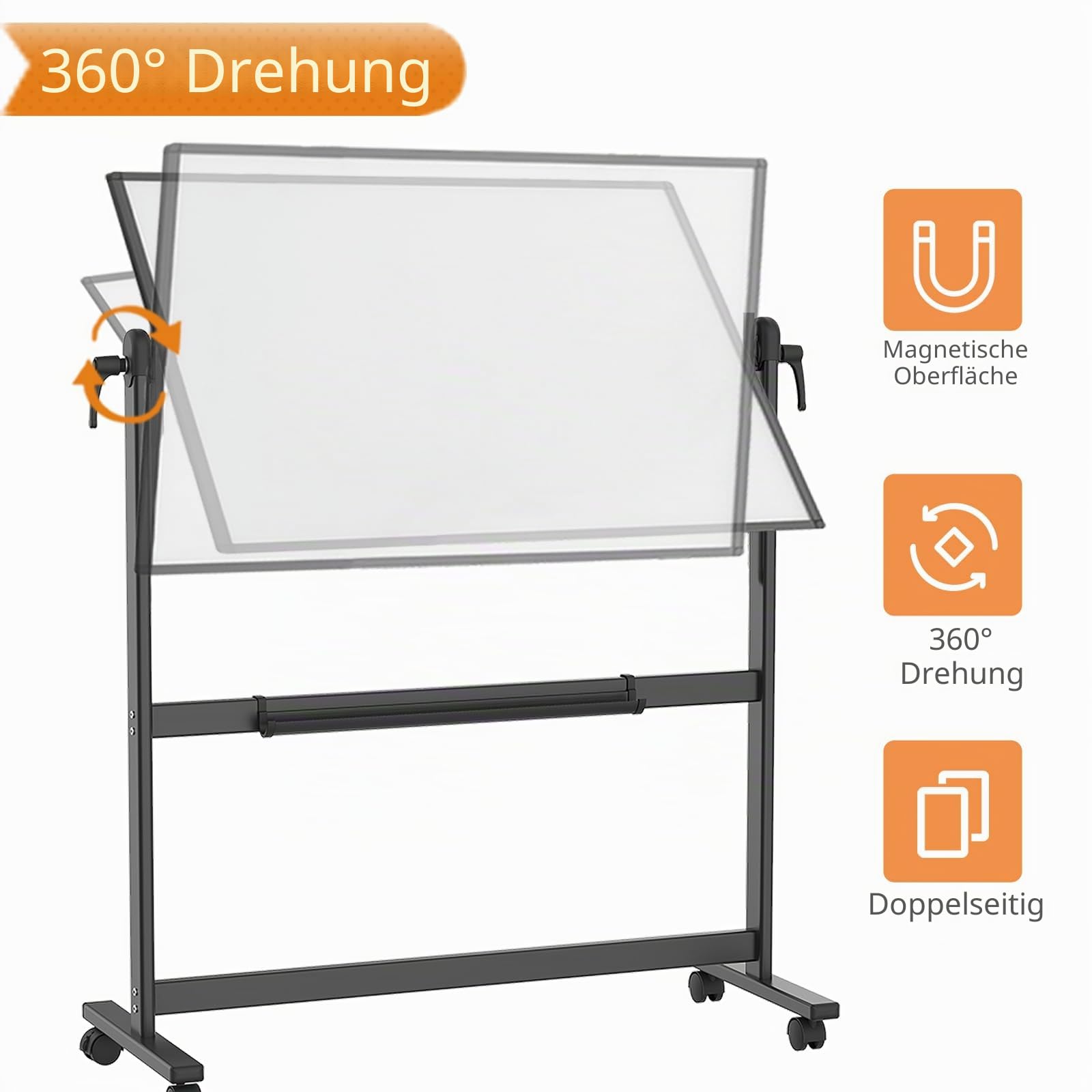 VIZ-PRO Doppelseitiges Magnetisches Mobiles Whiteboard, 120 x 90 cm, Schwarzer Aluminiumrahmen und Ständer