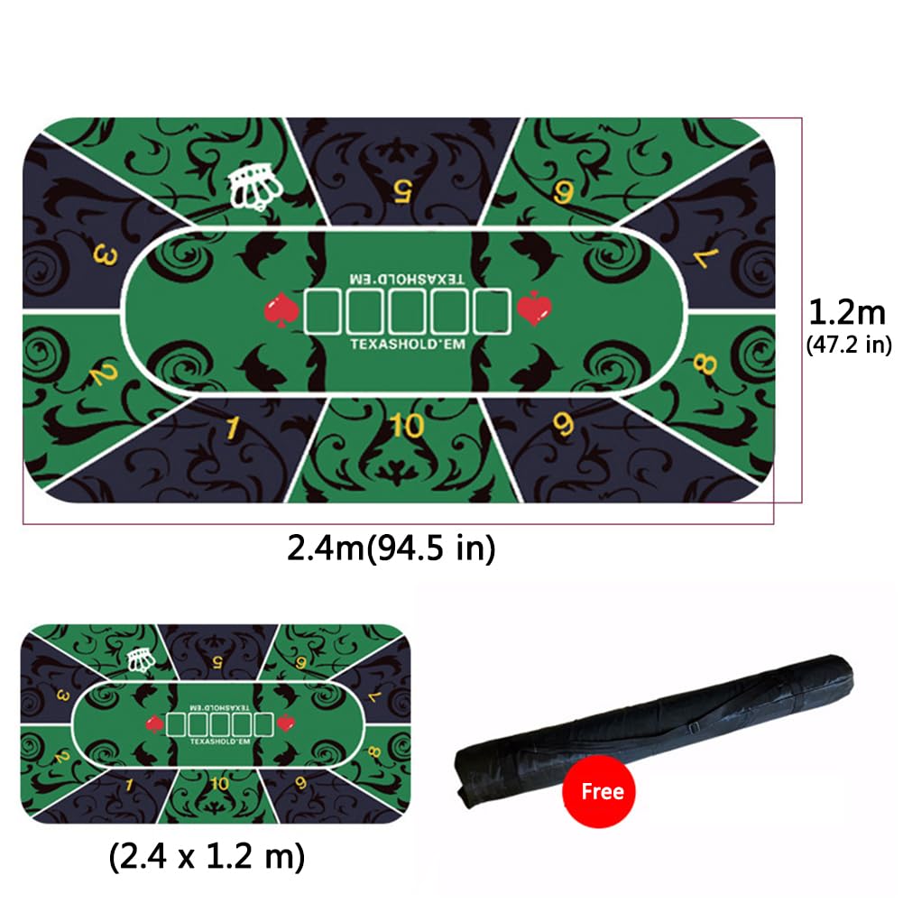 mata do gry w karty, Mata gumowa do pokera Texas Hold'em dla 10 graczy, układ blatu stołu pokerowego z torbą przenoszenia gier pokerowych(2.4 x 1.2 M)