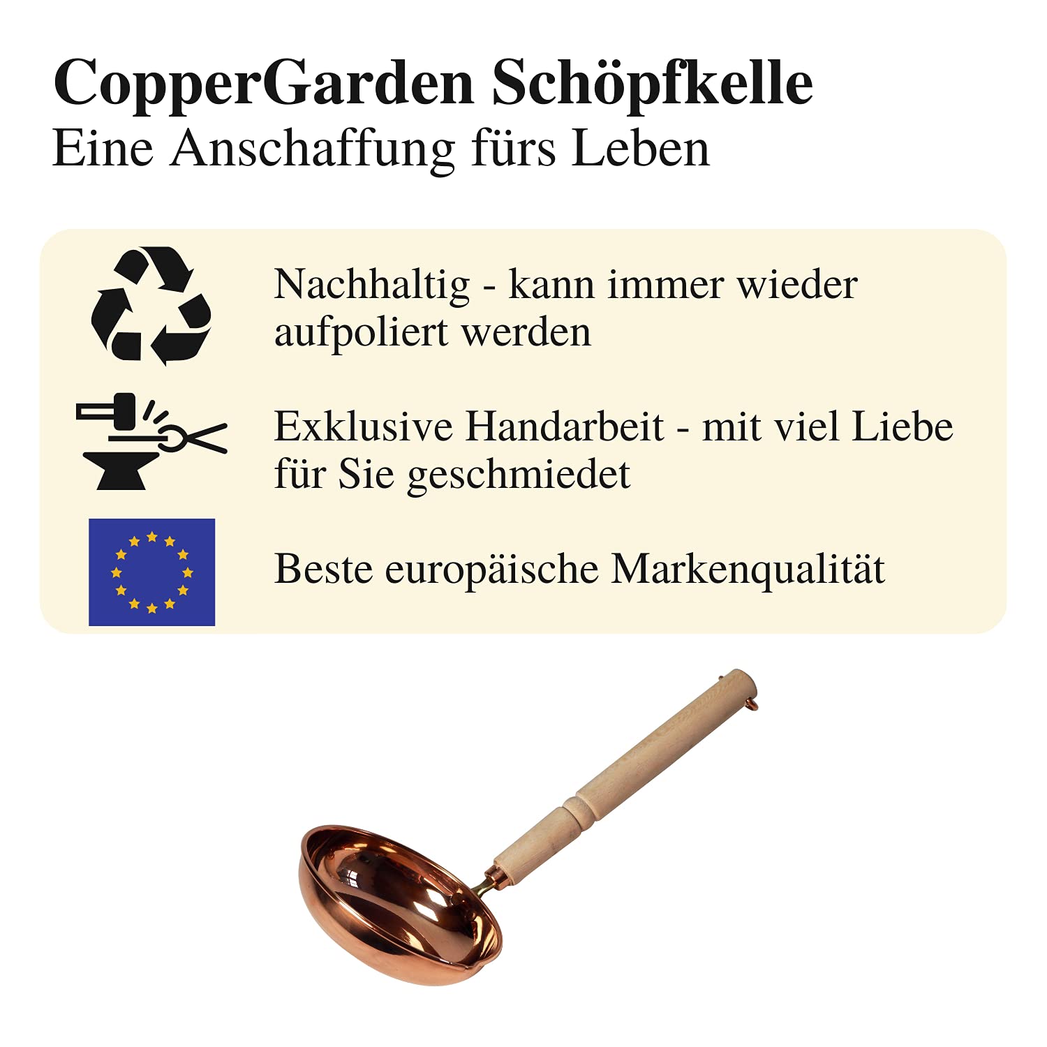 CopperGarden Schöpfkelle mit Holzgriff I Schöpflöffel aus blankem Kupfer I flache Suppenkelle mit Gießspitze I Schöpfer mit Haken zum Aufhängen I Kelle mit 28 cm Länge & 10 cm Durchmesser