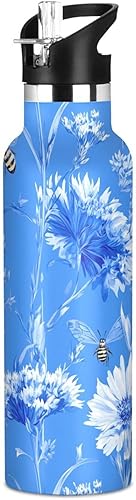 Miniatura 13 de Botella de agua estética de tulipán verde azulado para niños, con tapa de boquilla a prueba de fugas, aislamiento al vacío de doble pared, ligera