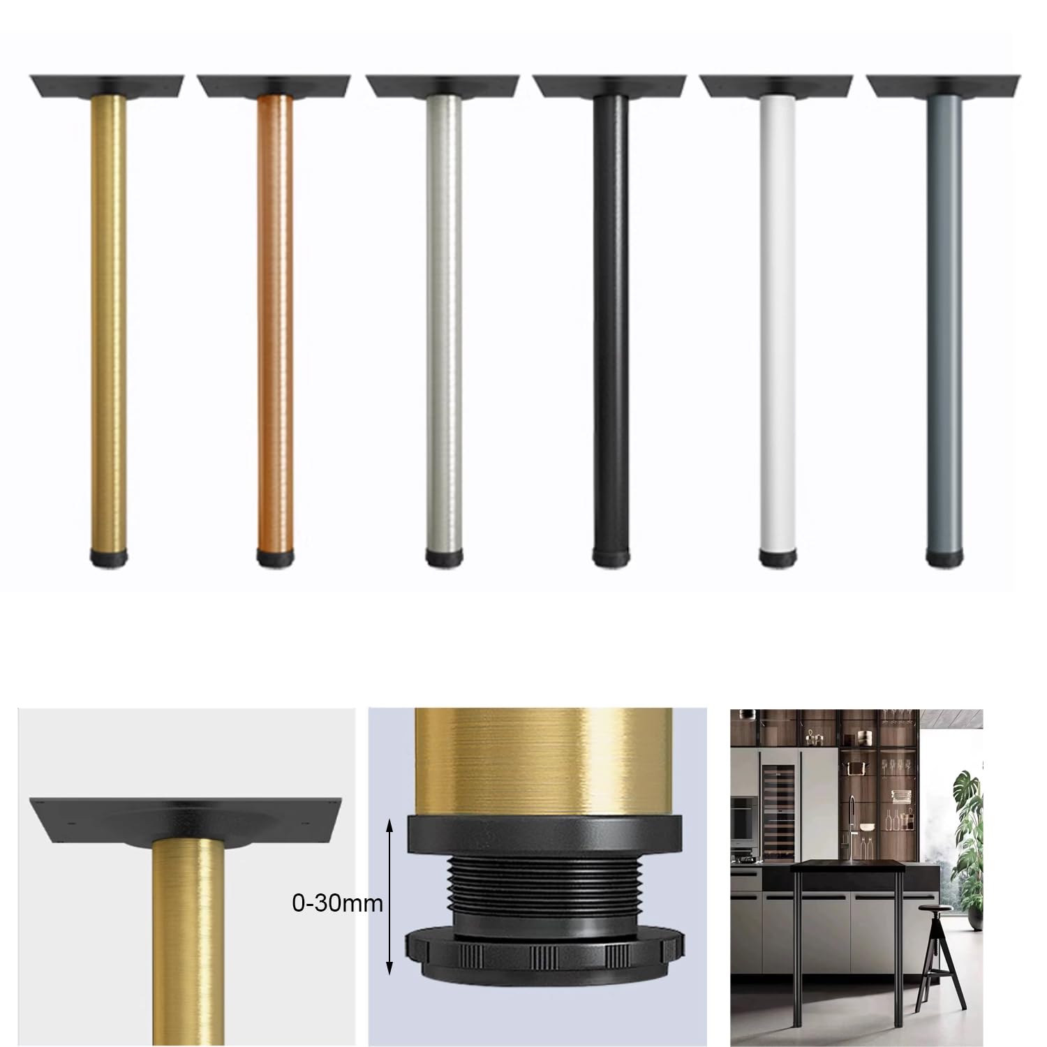 Gambe regolabili per tavolo, piedini per mobili in acciaio inox, per bancone della cucina, bar, scrivania, tavolo da pranzo, altezza personalizzabile (70 cm, bianco) con viti