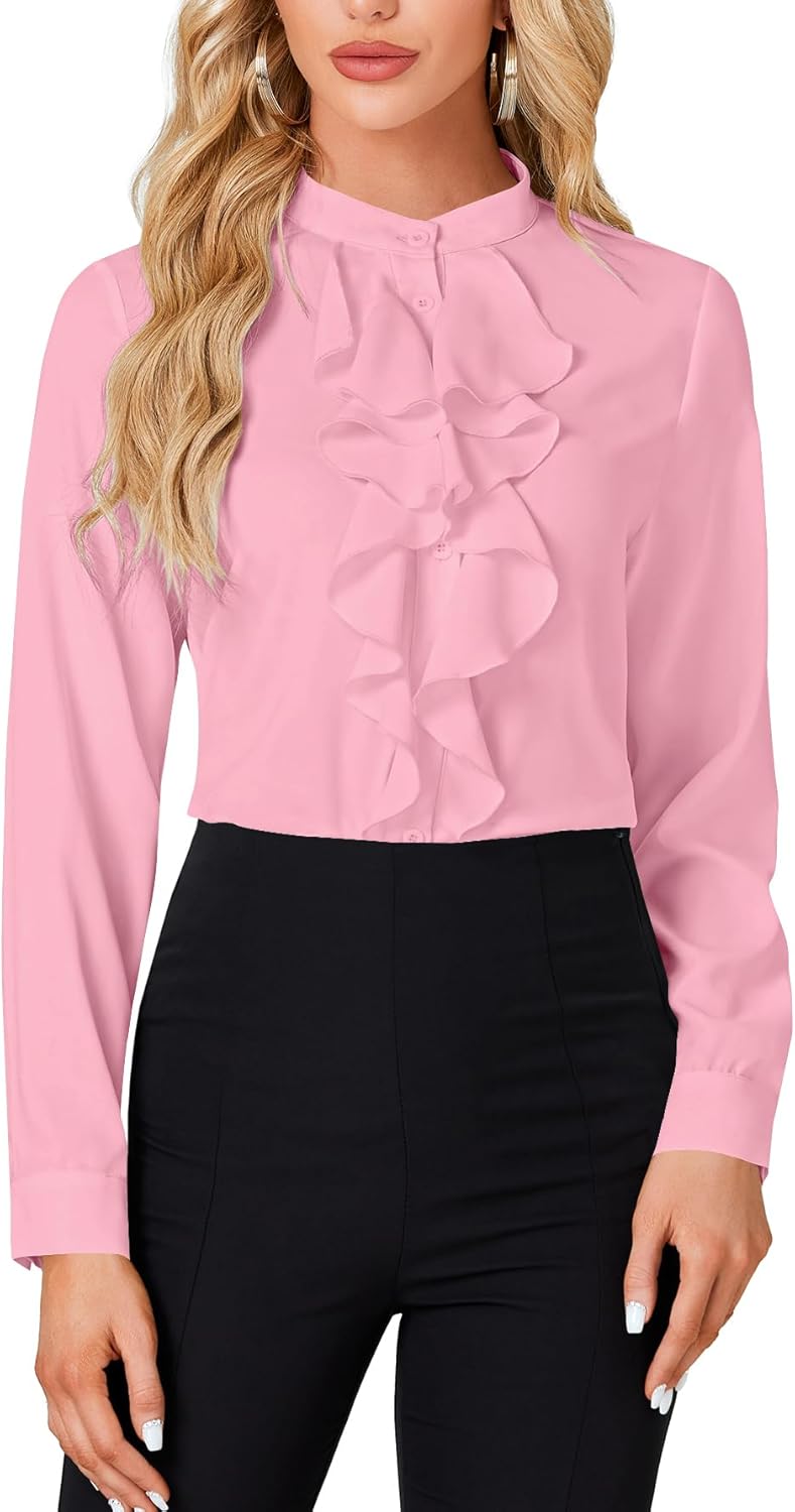 LYANER Women's Mock Neck Button Down Ruffle Front Long Sleeve Work Shirt Blouse Tops