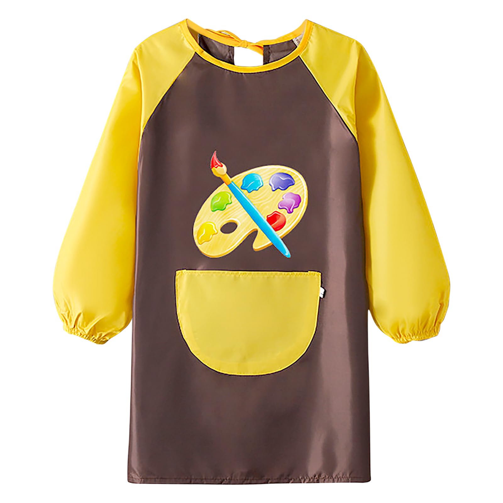 paitok Children's Art Apron Is a Waterproof Apron with Long Sleeves and Perfect for Painting, Cooking, and Messy Activities. Suitable 6-12 Years Girls/Boys Kids Apron(Coffee Body Yellow Sleeves)