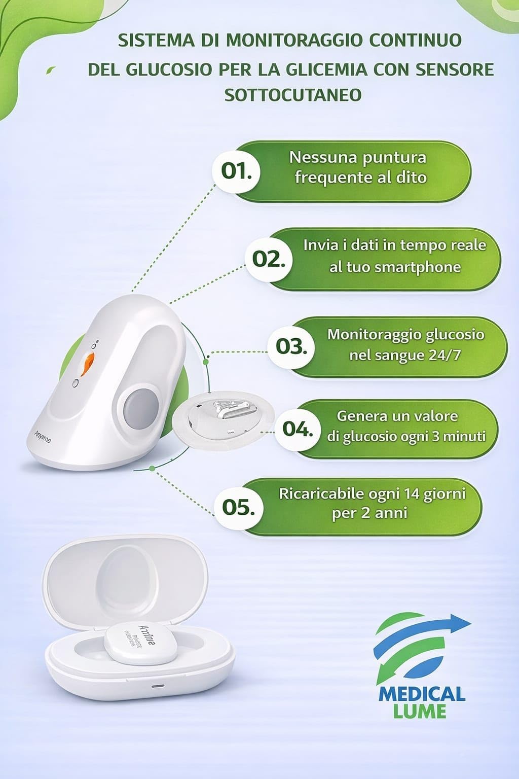 Sensore Sottocutaneo Monouso con Auto-Applicatore per Monitoraggio Continuo della Glicemia | Ricambio per Sistema di Controllo Glucosio | 14 Giorni di Utilizzo!
