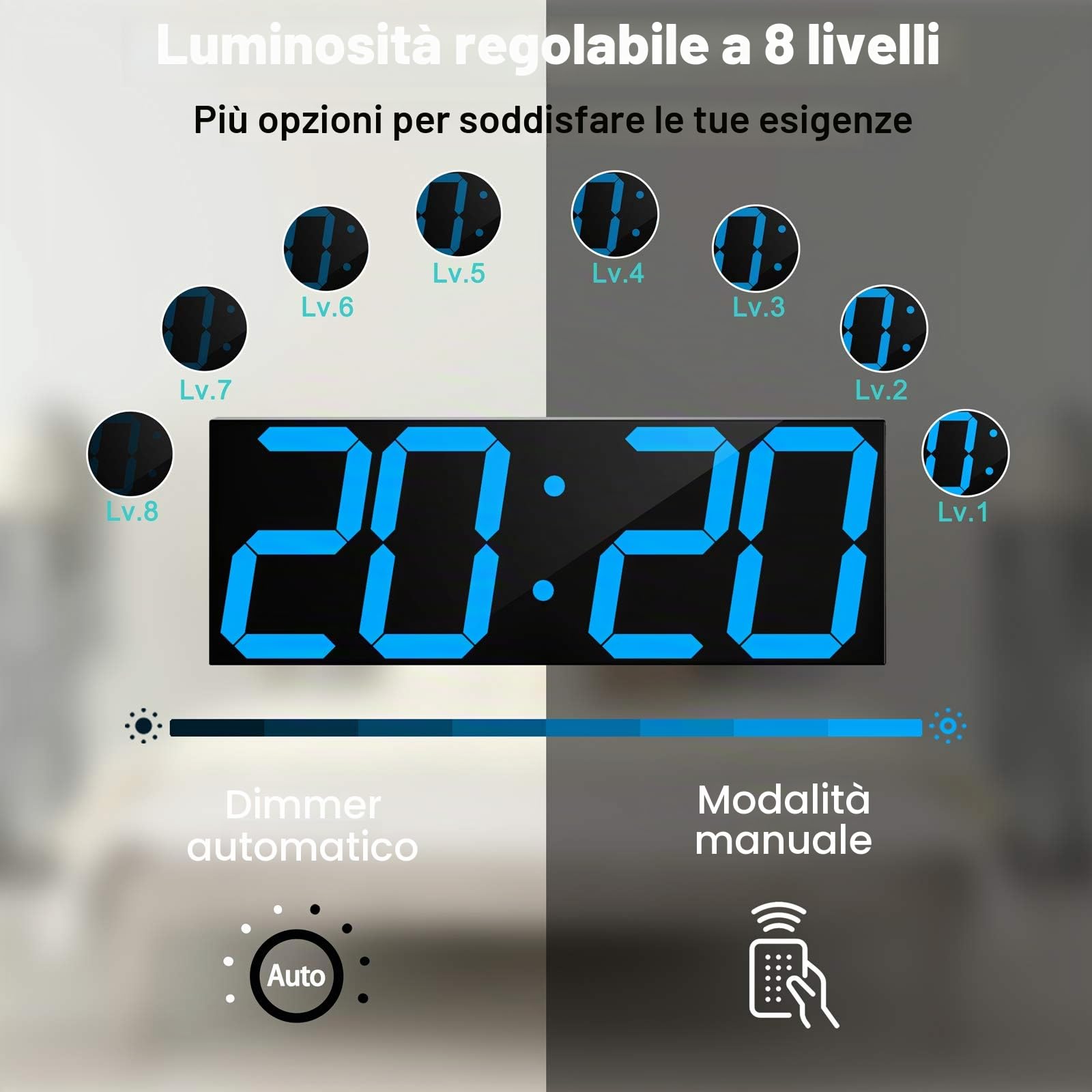 CHKOSDA Orologio da parete digitale a LED, grande orologio da parete con numeri da 15,2 cm, telecomando conteggio up/conto alla rovescia, dimmer automatico (blu ghiaccio)