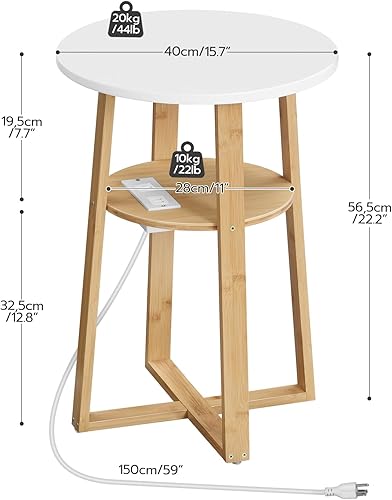 Miniatura 3 de HOOBRO Mesa auxiliar redonda con estación de carga, mesa auxiliar redonda con patas de bambú para sala de estar, dormitorio, blanco y natural