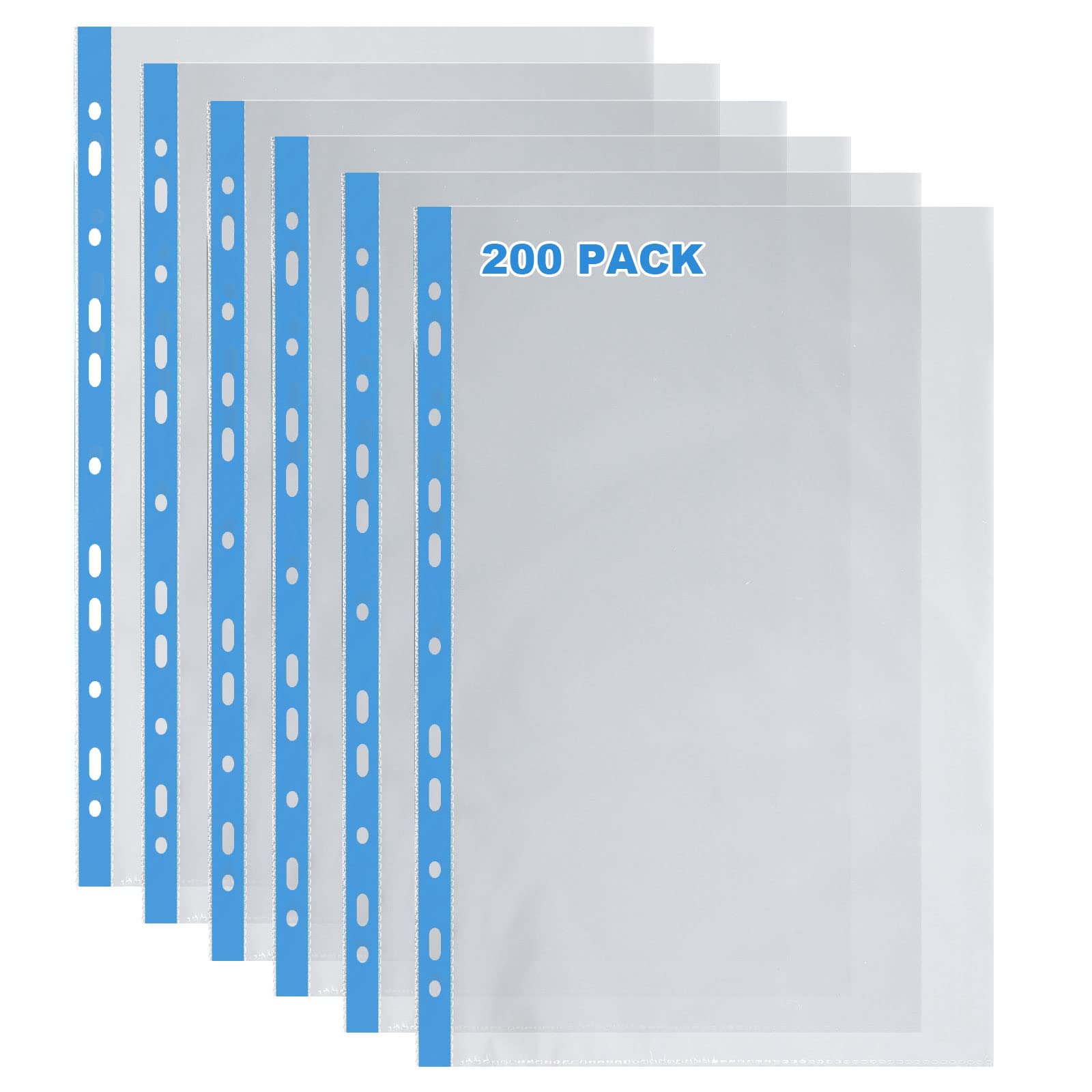 200 Pcs Punched Pockets A4 Clear 60 Micron Strong Plastic Wallet Sleeves, Top Opening Poly Pockets for Ring Binder Folders, Blue Edge