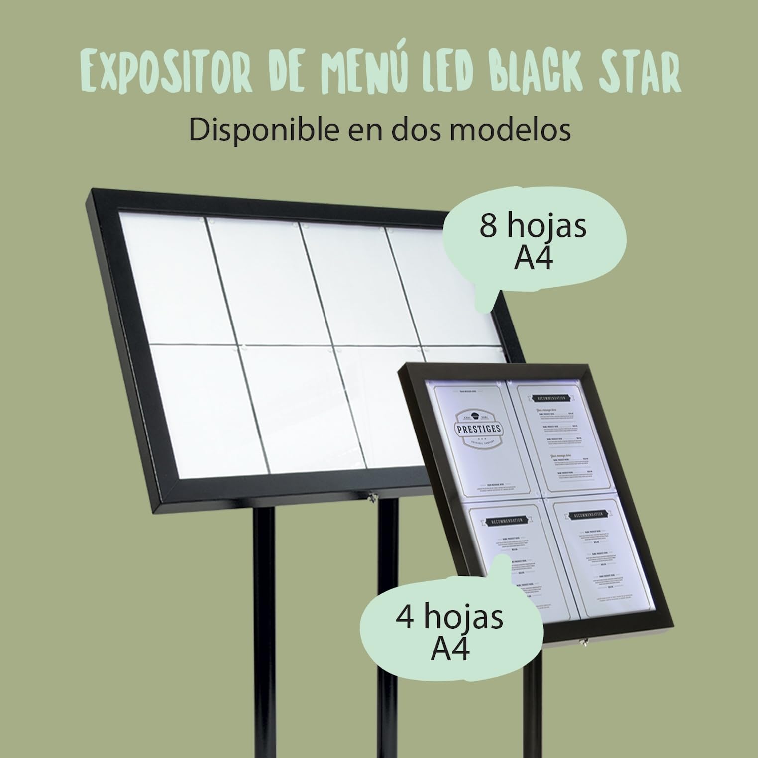 SECURIT - Porta folletos Exterior con Iluminación LED "Black Star" - Con Marco A2 + Poste + Base + Cable de 5 m + Mando a Distancia - En Acero - Restaurante, Cafetería, Bar - Negro | Marco A2 + Poste + Base + Cable de 5 m + Mando a Distancia - Acero - Res