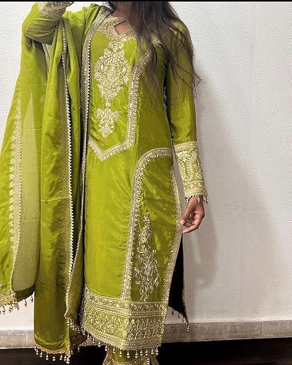 Image of Traditional Embroidered Pakistani Salwar Kameez Set, Pista Green, Cotton Silk with Zari Work