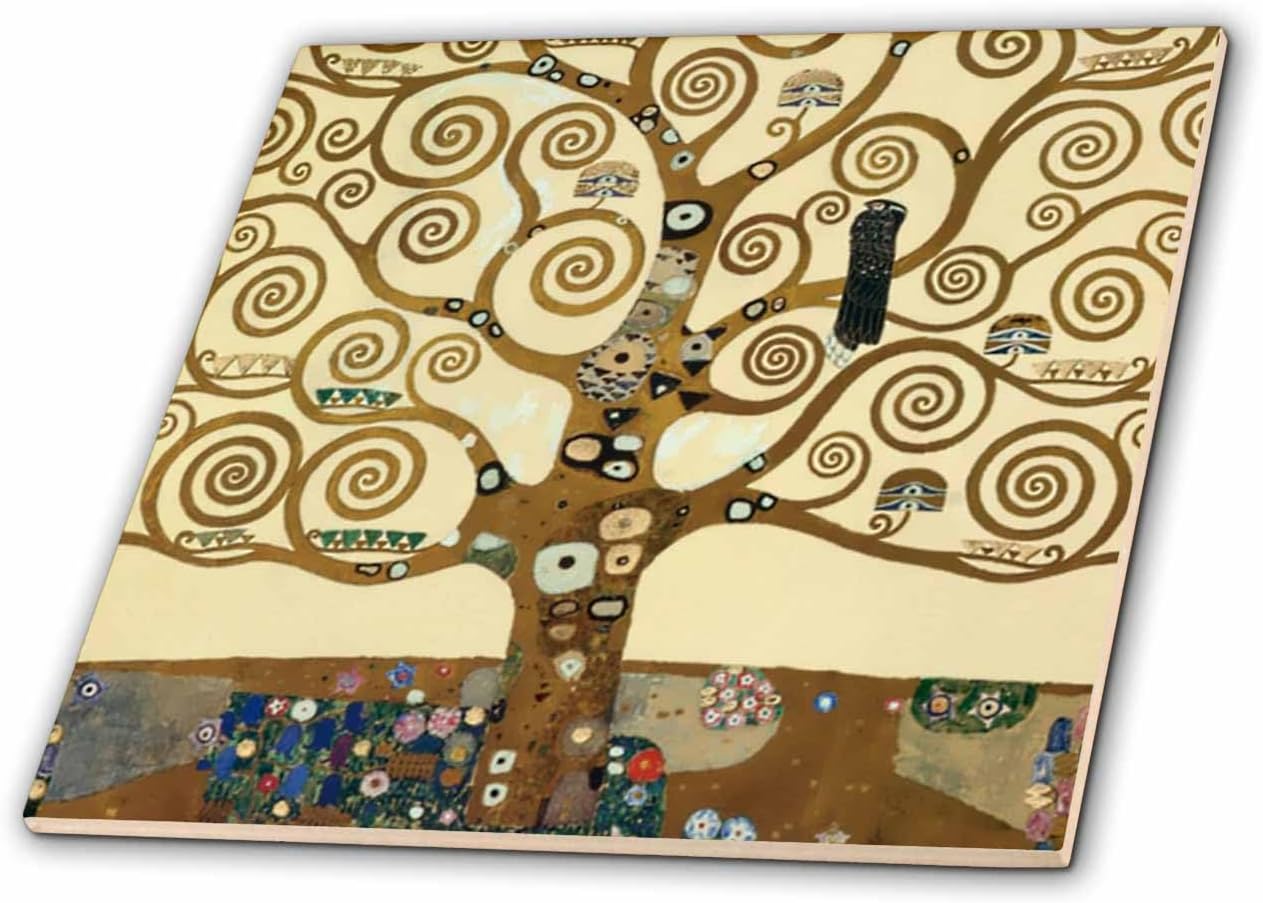 3dRose ct_155632_3 The Tree of Life 1909 by Gustav Klimt Stylish Swirling Branches Brown Fine Art Deco Swirls Ceramic Tile, 8"
