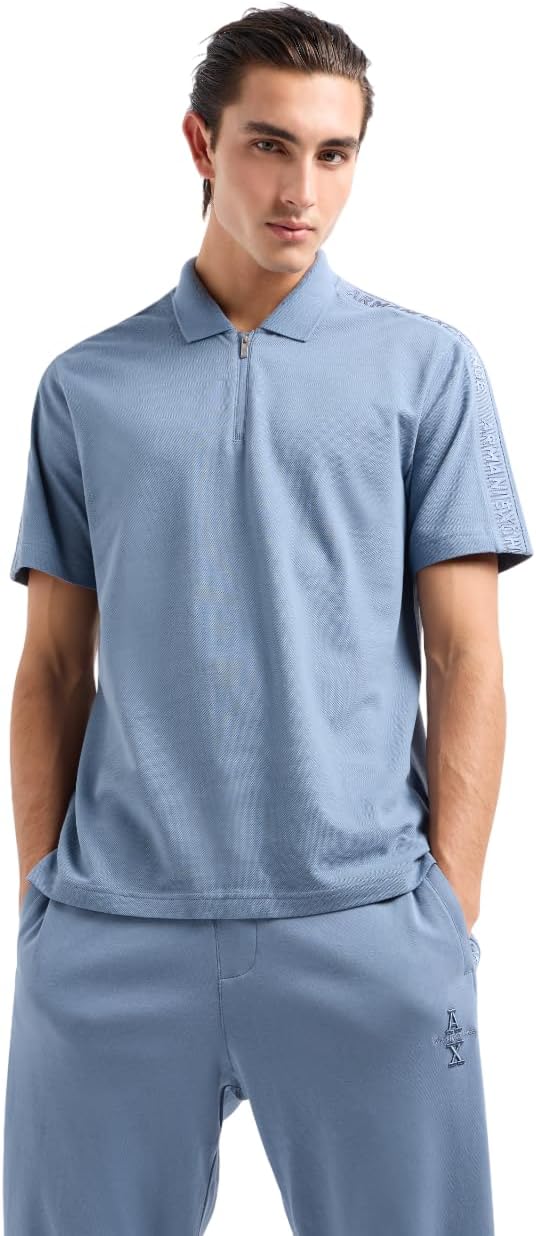 Armani Exchange Men's Stacked Logo Cotton Piquet Zip Up Polo